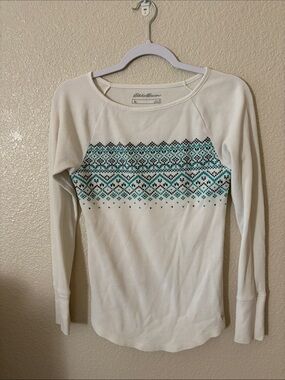 Eddie Bauer Cream Long-Sleeve Thermal Top with Turquoise & Black Fair Isle